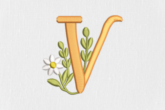 Elegant Letter V: A Feathered and Leafy Embroidery Design